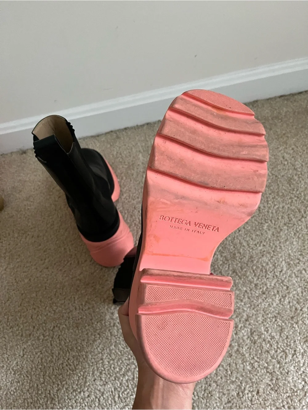 Bottega Veneta Black Leather Chelsea Boots with Coral Pink Platform